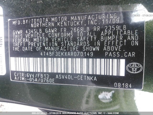 4T4BF3EKXAR070149 - 2010 TOYOTA CAMRY SE/LE/XLE მწვანე ფოტო 9