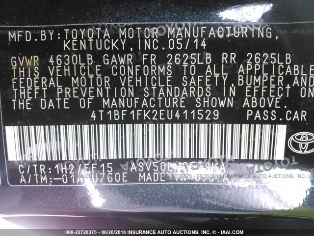 4T1BF1FK2EU411529 - 2014 TOYOTA CAMRY L/SE/LE/XLE Dark Blue photo 9