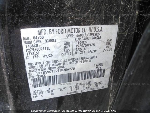 1FTRW07L91KD86770 - 2001 FORD F150 SUPERCREW BLACK photo 9