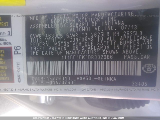 4T4BF1FK1DR332986 - 2013 TOYOTA CAMRY L/SE/LE/XLE 银色 照片 9