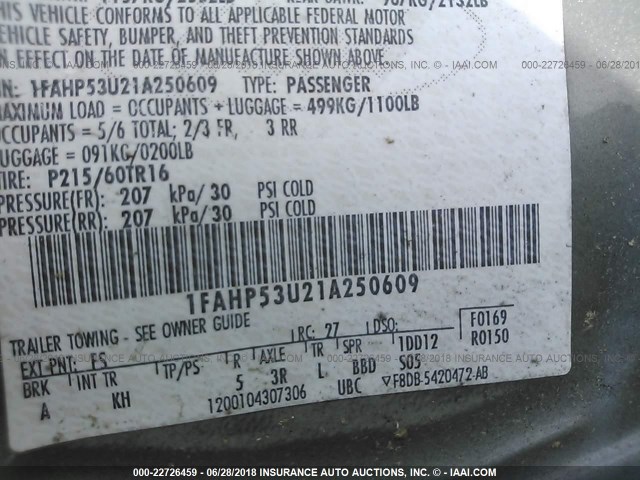 1FAHP53U21A250609 - 2001 FORD TAURUS SE GRAY photo 9