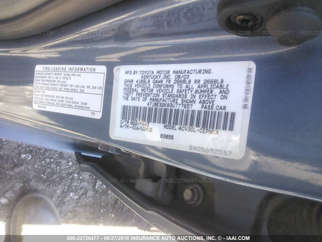 4T1BE32K83U777657 - 2003 TOYOTA CAMRY LE/XLE/SE 蓝色 照片 9