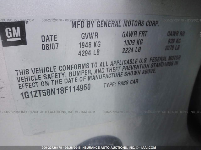 1G1ZT58N18F114960 - 2008 CHEVROLET MALIBU LT/CLASSIC SILVER photo 9