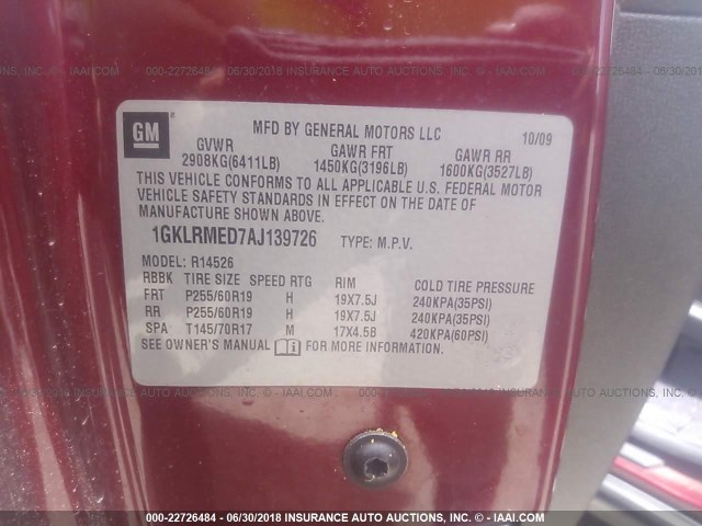 1GKLRMED7AJ139726 - 2010 GMC ACADIA SLT-1 RED photo 9