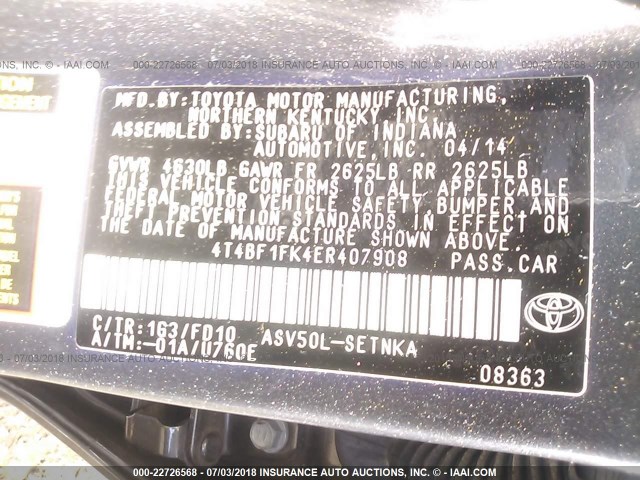 4T4BF1FK4ER407908 - 2014 TOYOTA CAMRY L/SE/LE/XLE ნაცრისფერი ფოტო 9