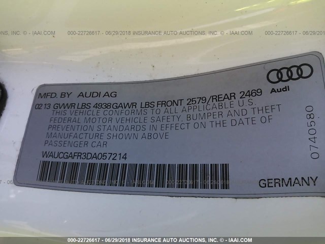 WAUCGAFR3DA057214 - 2013 AUDI S5 PREMIUM PLUS 白色 照片 9