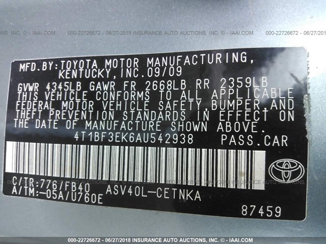 4T1BF3EK6AU542938 - 2010 TOYOTA CAMRY SE/LE/XLE 浅蓝色 照片 9