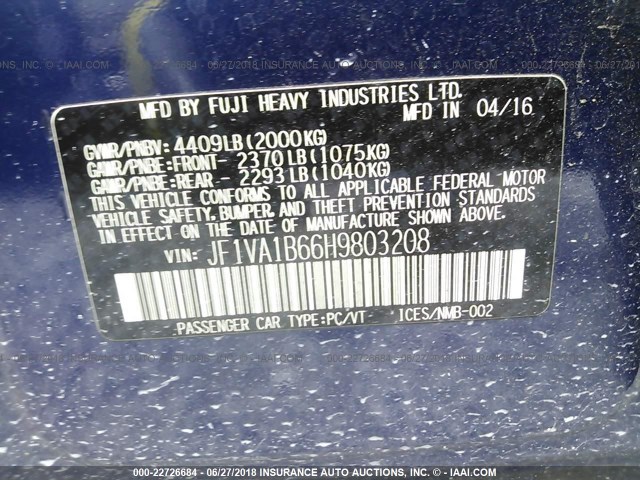 JF1VA1B66H9803208 - 2017 SUBARU WRX BLUE photo 9