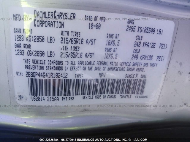 2B8GP44G41R182412 - 2001 DODGE GRAND CARAVAN SPORT SILVER photo 9