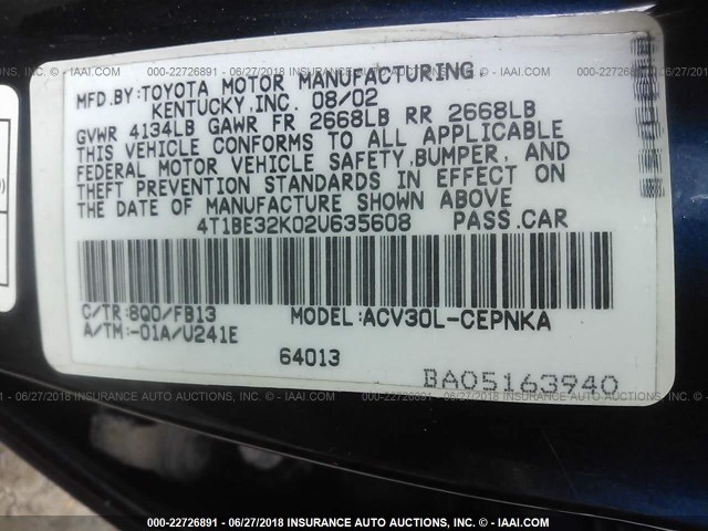 4T1BE32K02U635608 - 2002 TOYOTA CAMRY LE/XLE/SE ლურჯი ფოტო 9