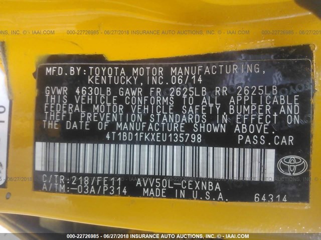 4T1BD1FKXEU135798 - 2014 TOYOTA CAMRY HYBRID/LE/XLE 黄色 照片 9