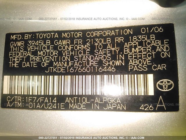 JTKDE167660116446 - 2006 TOYOTA SCION TC SILVER photo 9