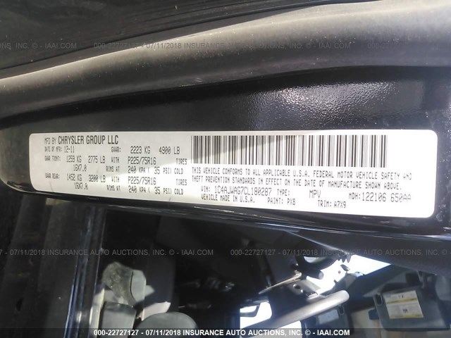 1C4AJWAG7CL180287 - 2012 JEEP WRANGLER SPORT შავი ფოტო 9