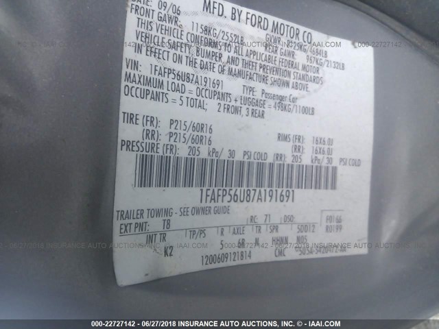 1FAFP56U87A191691 - 2007 FORD TAURUS SEL GRAY photo 9