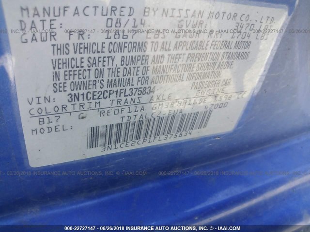 3N1CE2CP1FL375834 - 2015 NISSAN VERSA NOTE S/S PLUS/SV/SL/SR BLUE photo 9