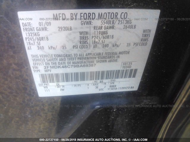 2FMDK48C79BA69387 - 2009 FORD EDGE SEL Dark Blue photo 9