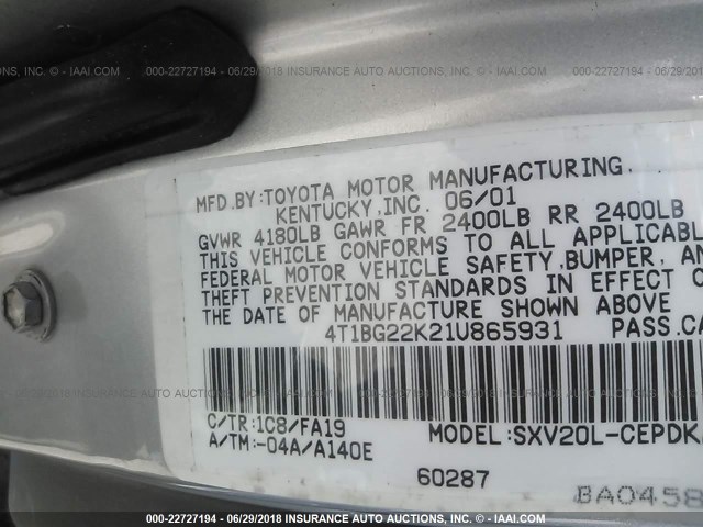 4T1BG22K21U865931 - 2001 TOYOTA CAMRY CE/LE/XLE SILVER photo 9