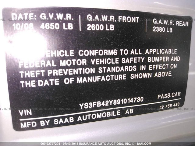 YS3FB42Y891014730 - 2009 SAAB 9-3 2.0T SILVER photo 9