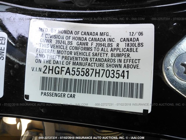 2HGFA55587H703541 - 2007 HONDA CIVIC SI BLACK photo 9