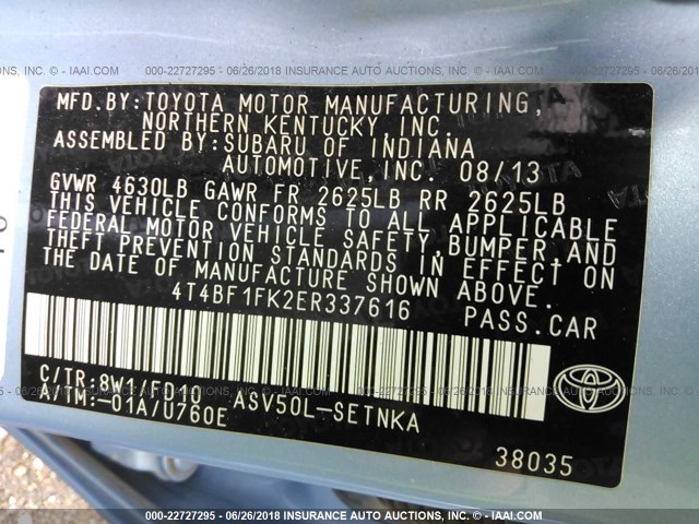 4T4BF1FK2ER337616 - 2014 TOYOTA CAMRY L/SE/LE/XLE Mavi foto 9