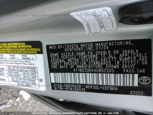 4T1BE32K44U857202 - 2004 TOYOTA CAMRY LE/XLE/SE 银色 照片 9