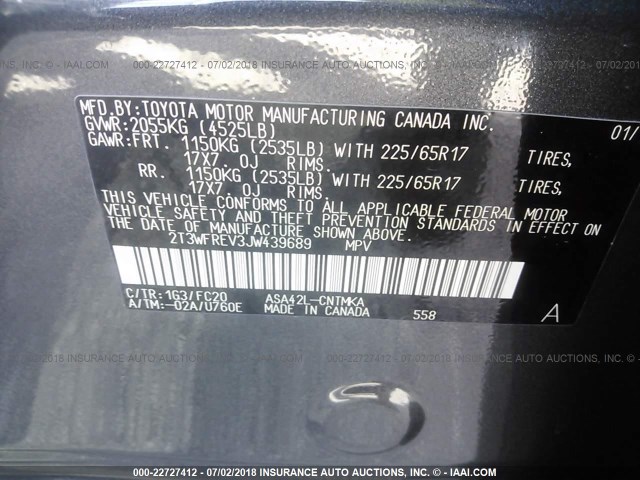 2T3WFREV3JW439689 - 2018 TOYOTA RAV4 ADVENTURE/XLE GRAY photo 9