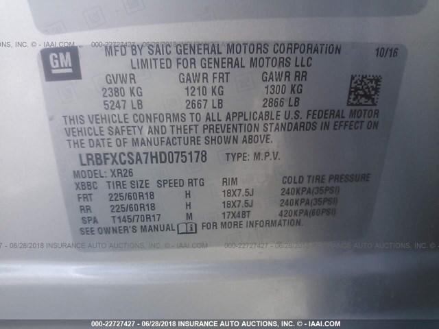 LRBFXCSA7HD075178 - 2017 BUICK ENVISION PREFERRED SILVER photo 9