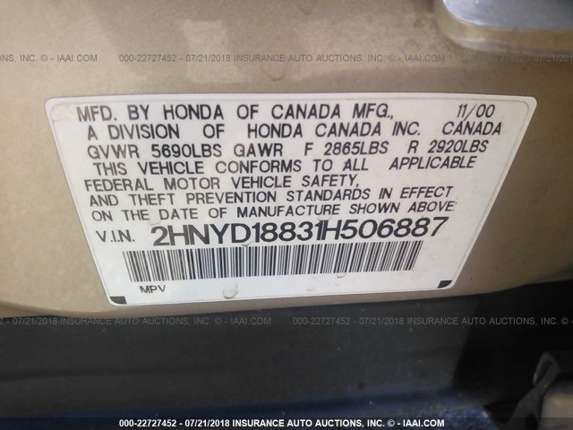 2HNYD18831H506887 - 2001 ACURA MDX TOURING GOLD photo 9