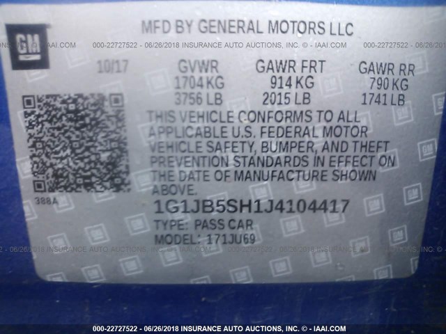 1G1JB5SH1J4104417 - 2018 CHEVROLET SONIC LS 蓝色 照片 9