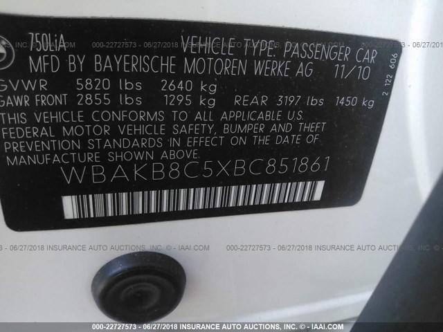 WBAKB8C5XBC851861 - 2011 BMW 750 LI WHITE photo 9