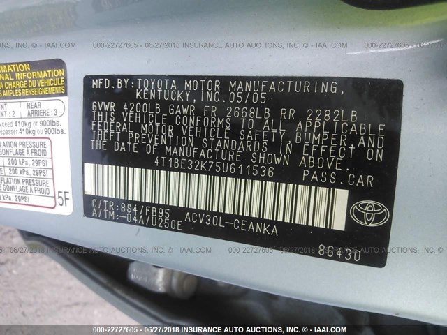 4T1BE32K75U611536 - 2005 TOYOTA CAMRY LE/XLE/SE 蓝色 照片 9