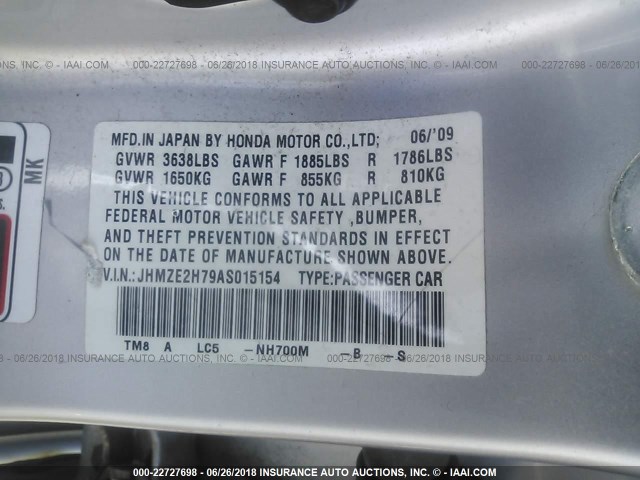 JHMZE2H79AS015154 - 2010 HONDA INSIGHT EX SILVER photo 9