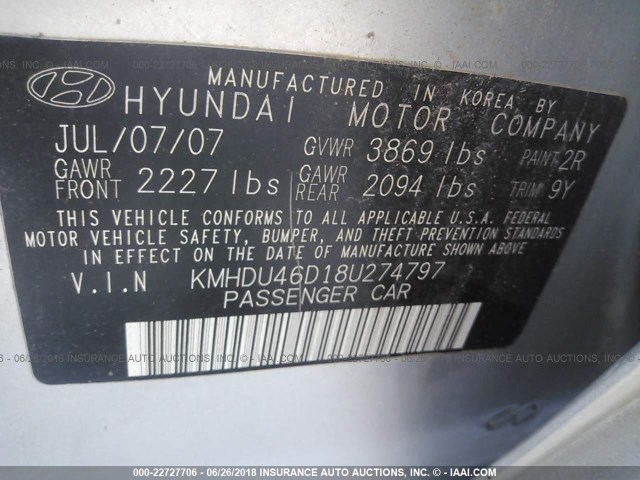 KMHDU46D18U274797 - 2008 HYUNDAI ELANTRA GLS/SE/LIMITED SILVER photo 9