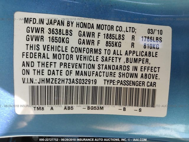 JHMZE2H73AS032919 - 2010 HONDA INSIGHT EX BLUE photo 9