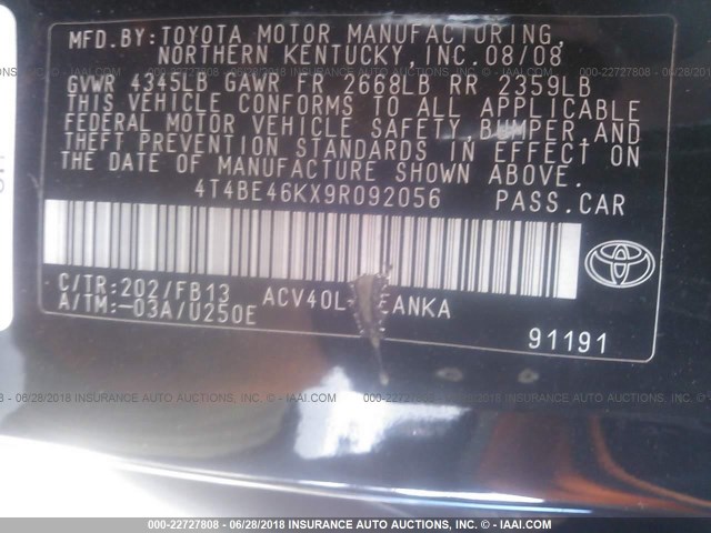 4T4BE46KX9R092056 - 2009 TOYOTA CAMRY SE/LE/XLE BLACK photo 9