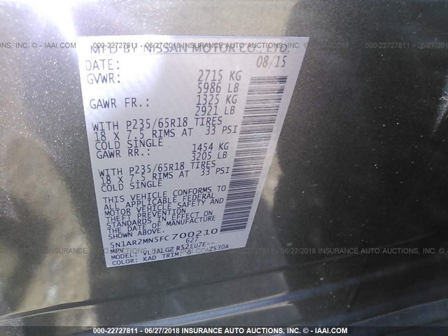 5N1AR2MN5FC700210 - 2015 NISSAN PATHFINDER S/SV/SL/PLATINUM 灰色 照片 9