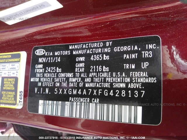 5XXGM4A7XFG428137 - 2015 KIA OPTIMA LX RED photo 9