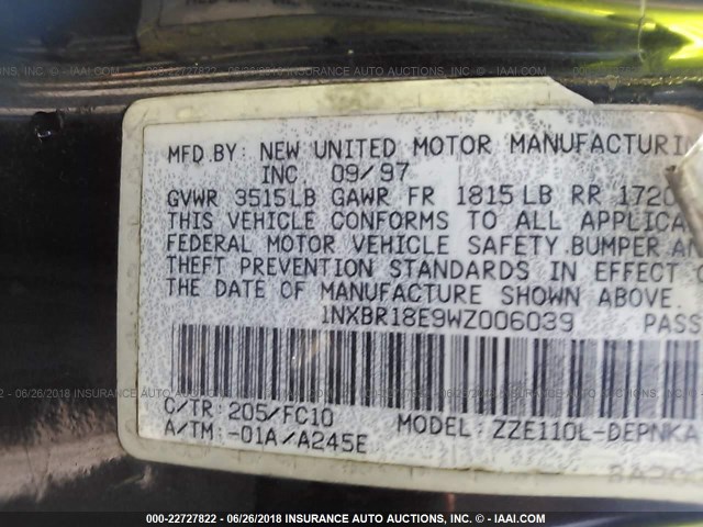 1NXBR18E9WZ006039 - 1998 TOYOTA COROLLA VE/CE/LE 黑色 照片 9