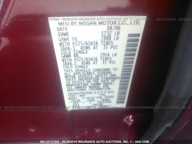 5N1BV28U96N127740 - 2006 NISSAN QUEST S/SE/SL RED photo 9