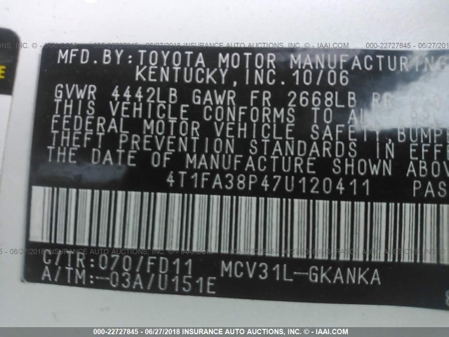 4T1FA38P47U120411 - 2007 TOYOTA CAMRY SOLARA SE/SLE WHITE photo 9