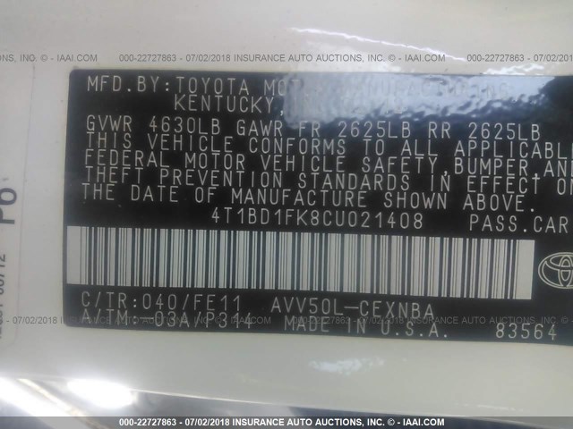 4T1BD1FK8CU021408 - 2012 TOYOTA CAMRY HYBRID/LE/XLE 白色 照片 9