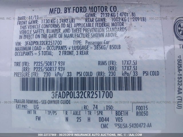 3FADP0L32CR251700 - 2012 FORD FUSION HYBRID WHITE photo 9