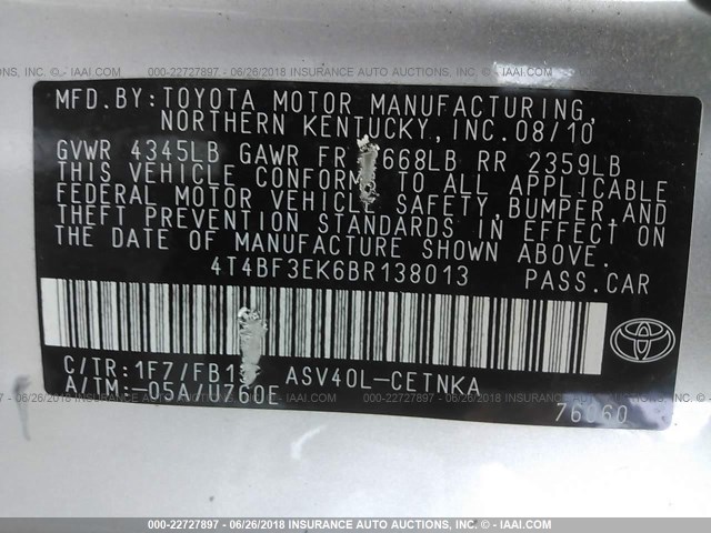 4T4BF3EK6BR138013 - 2011 TOYOTA CAMRY SE/LE/XLE SILVER photo 9