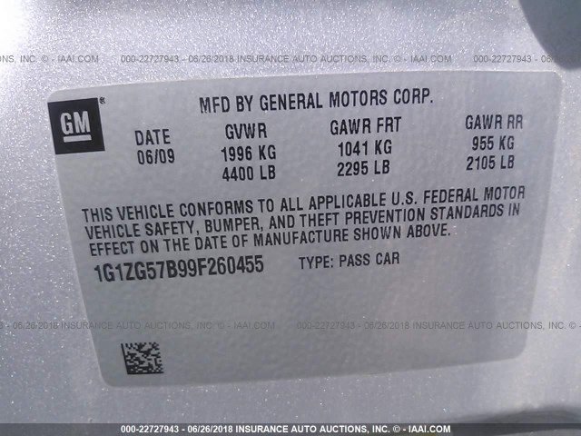 1G1ZG57B99F260455 - 2009 CHEVROLET MALIBU LS ვერცხლისფერი ფოტო 9