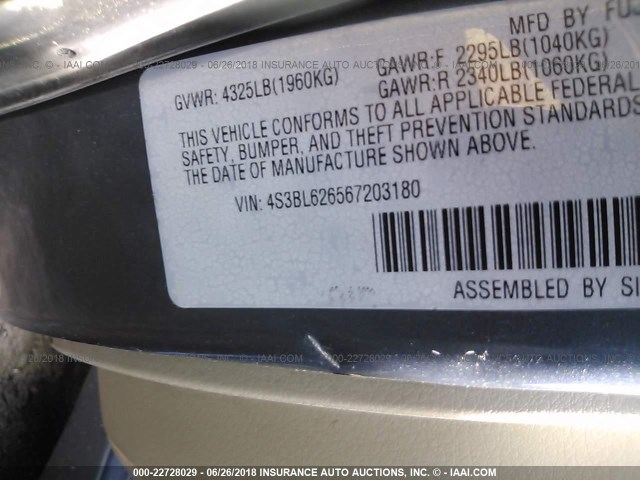 4S3BL626567203180 - 2006 SUBARU LEGACY 2.5I LIMITED BLUE photo 9