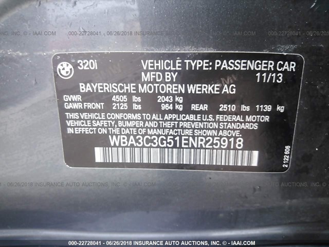 WBA3C3G51ENR25918 - 2014 BMW 320 I/XDRIVE GRAY photo 9