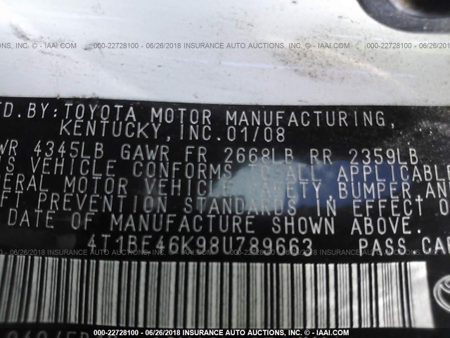 4T1BE46K98U789663 - 2008 TOYOTA CAMRY CE/LE/XLE/SE WHITE photo 9