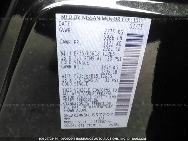 5N1AR2MN8FC657207 - 2015 NISSAN PATHFINDER S/SV/SL/PLATINUM 黑色 照片 9