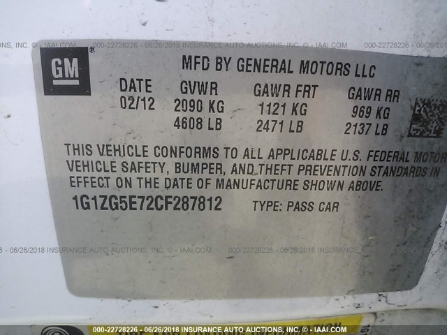 1G1ZG5E72CF287812 - 2012 CHEVROLET MALIBU LTZ 白色 照片 9