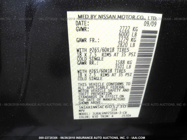 5N1AR1NN5AC605230 - 2010 NISSAN PATHFINDER S/LE/SE GRAY photo 9